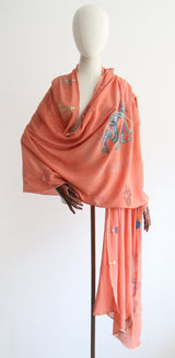 « Coral Silk Turquoise Dragon" Vintage 1920's Silk Hand Painted Shawl