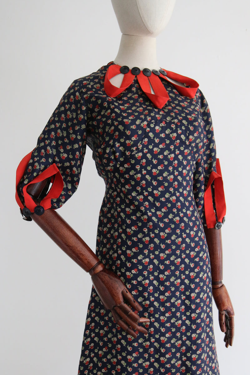 "Ribbon Keyholes" Vintage 1930's Floral Twill Silk & Keyhole Dress UK 8 US 4