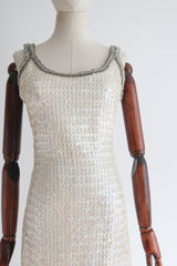 "Cream Sequins & Silver Beads" Vintage 1960's Iridescent Cream Sequin & Bead Dress UK 8 US 4