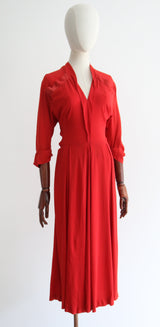 "Red Pockets" Vintage 1940's Red Pocket Detail Crepe Silk Dress UK 8-10 US 4-6
