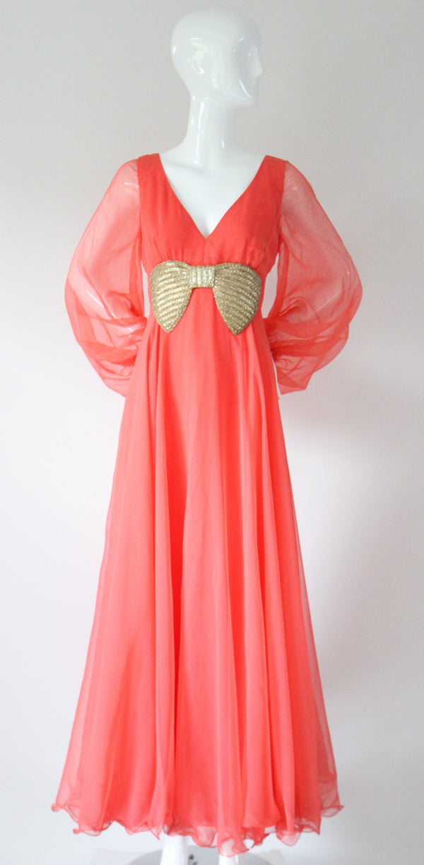 "Silver Beaded Bow" Vintage 1960's Silver Bow & Coral Chiffon Dress UK 10-12 US 6-8