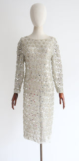 “Silver Sequins & Lace" Vintage 1960's Silver Floral Lace, Sequin & Bead Dress  UK 12-14  US 8-10