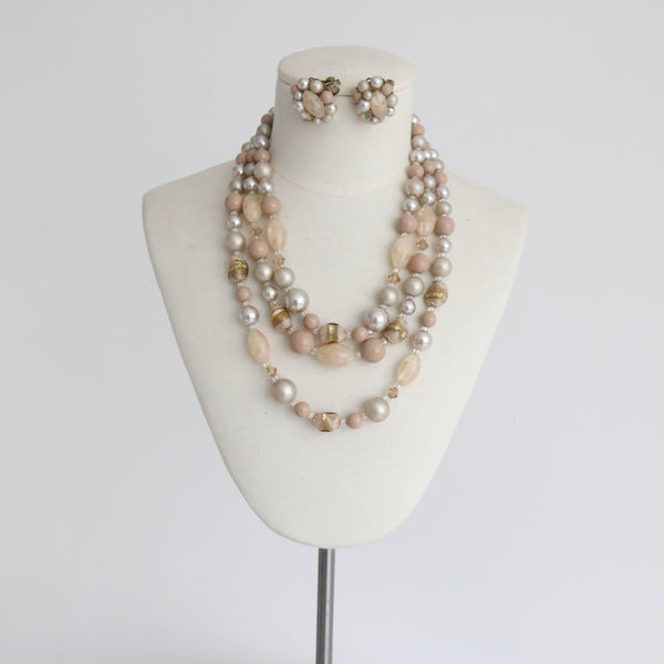 "Crystal Palette" Vintage 1950's Pearlescent & Marbled Bead Necklace & Earring Demi-Parure Set