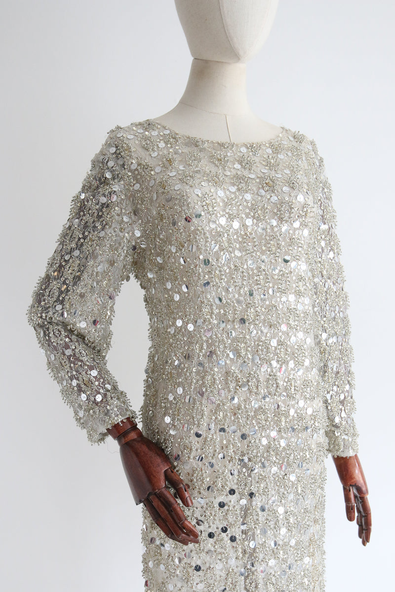 “Silver Sequins & Lace Vintage 1960's Silver Floral Lace, Sequin & Bead Dress UK 12-14 US 8-10 “Silver Sequins & Lace Vintage 1960's Silver Floral Lace, Sequin & Bead Dress UK 12-14 US 8-10