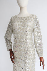 “Silver Sequins & Lace" Vintage 1960's Silver Floral Lace, Sequin & Bead Dress  UK 12-14  US 8-10
