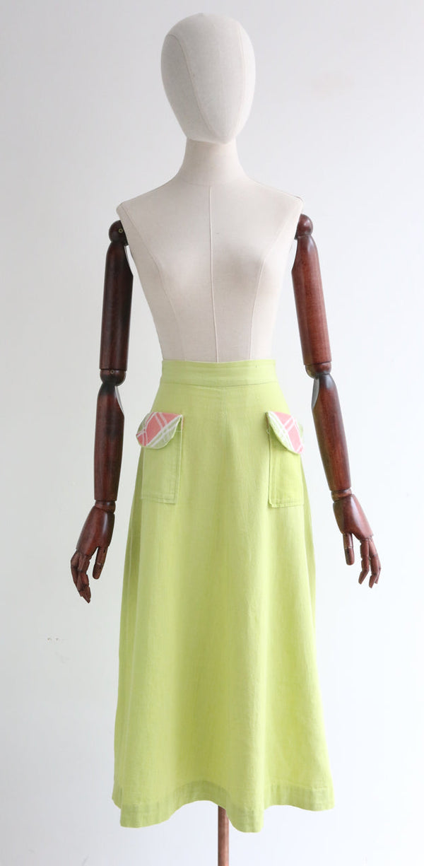 "Lime Green" Vintage 1940's Lime Green Pink Pocket Skirt UK 10 US 6