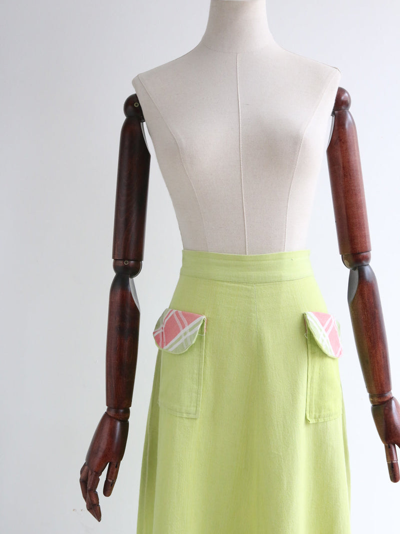 "Lime Green" Vintage 1940's Lime Green Pink Pocket Skirt UK 10 US 6