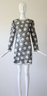 "Monochrome Sequin Daisies" Vintage 1960's Black Silk Organza Beaded Dress UK 8 US 4
