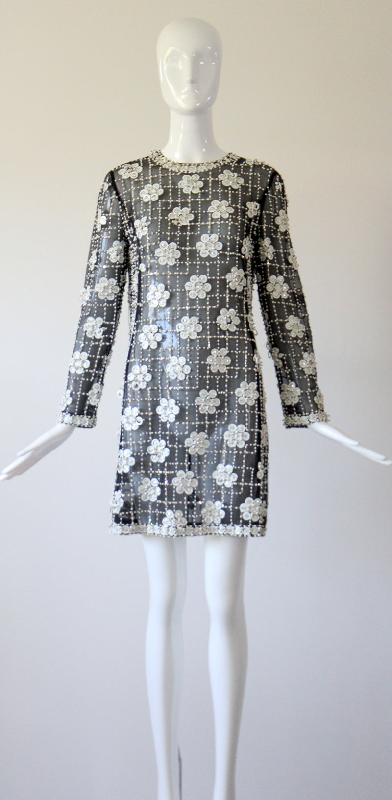 "Monochrome Sequin Daisies" Vintage 1960's Black Silk Organza Beaded Dress UK 8 US 4