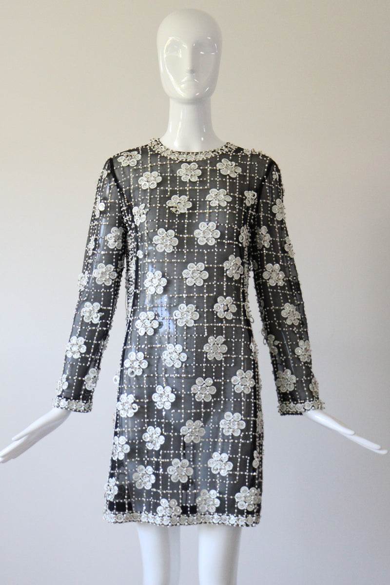 "Monochrome Sequin Daisies" Vintage 1960's Black Silk Organza Beaded Dress UK 8 US 4