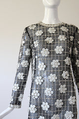 "Monochrome Sequin Daisies" Vintage 1960's Black Silk Organza Beaded Dress UK 8 US 4