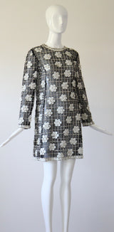 "Monochrome Sequin Daisies" Vintage 1960's Black Silk Organza Beaded Dress UK 8 US 4