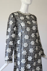 "Monochrome Sequin Daisies" Vintage 1960's Black Silk Organza Beaded Dress UK 8 US 4