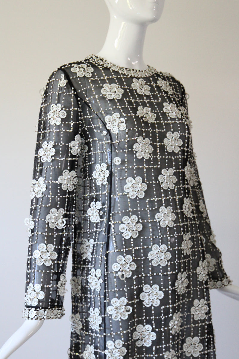 "Monochrome Sequin Daisies" Vintage 1960's Black Silk Organza Beaded Dress UK 8 US 4