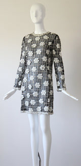 "Monochrome Sequin Daisies" Vintage 1960's Black Silk Organza Beaded Dress UK 8 US 4