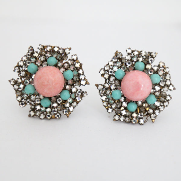 "Turquoise & Coral Rhinestones" Vintage 1950's Miriam Haskell Clip On Earrings