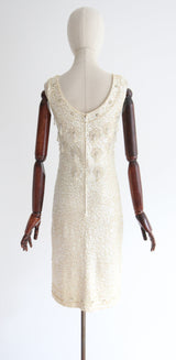 "Pearl Tassels & Sequins" Vintage 1960's Iridescent Cream Sequin & Beaded Wool Dress UK 8-10 US 4-6