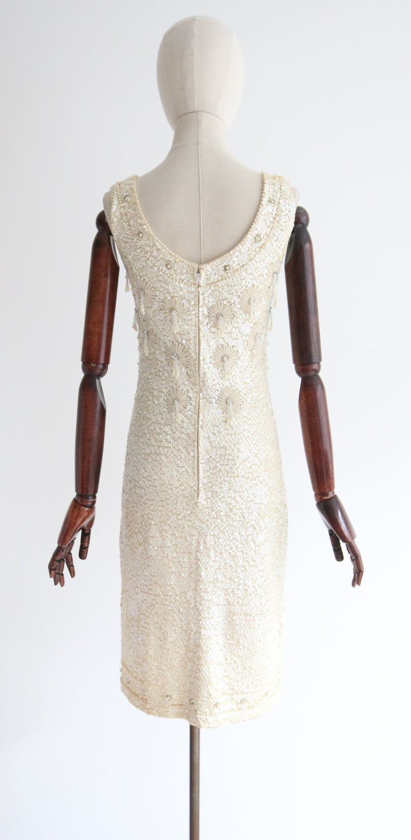 "Pearl Tassels & Sequins" Vintage 1960's Iridescent Cream Sequin & Beaded Wool Dress UK 8-10 US 4-6