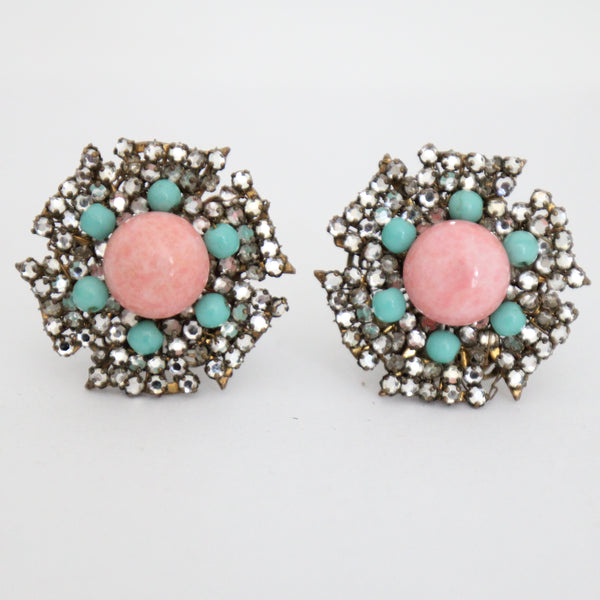 "Turquoise & Coral Rhinestones" Vintage 1950's Miriam Haskell Clip On Earrings