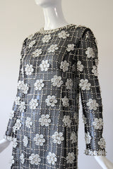 "Monochrome Sequin Daisies" Vintage 1960's Black Silk Organza Beaded Dress UK 8 US 4