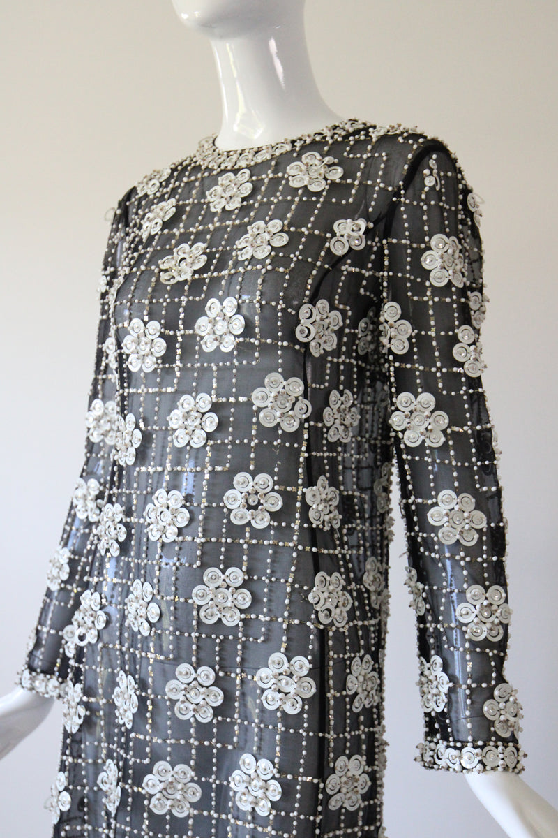 "Monochrome Sequin Daisies" Vintage 1960's Black Silk Organza Beaded Dress UK 8 US 4
