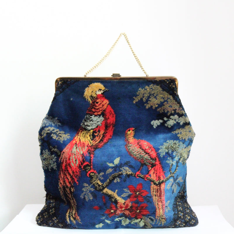"Velvet Birds" Vintage 1960's Large Velvet Bird Handbag