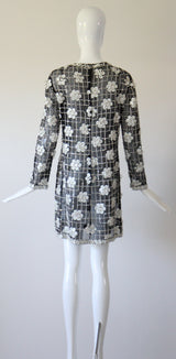 "Monochrome Sequin Daisies" Vintage 1960's Black Silk Organza Beaded Dress UK 8 US 4