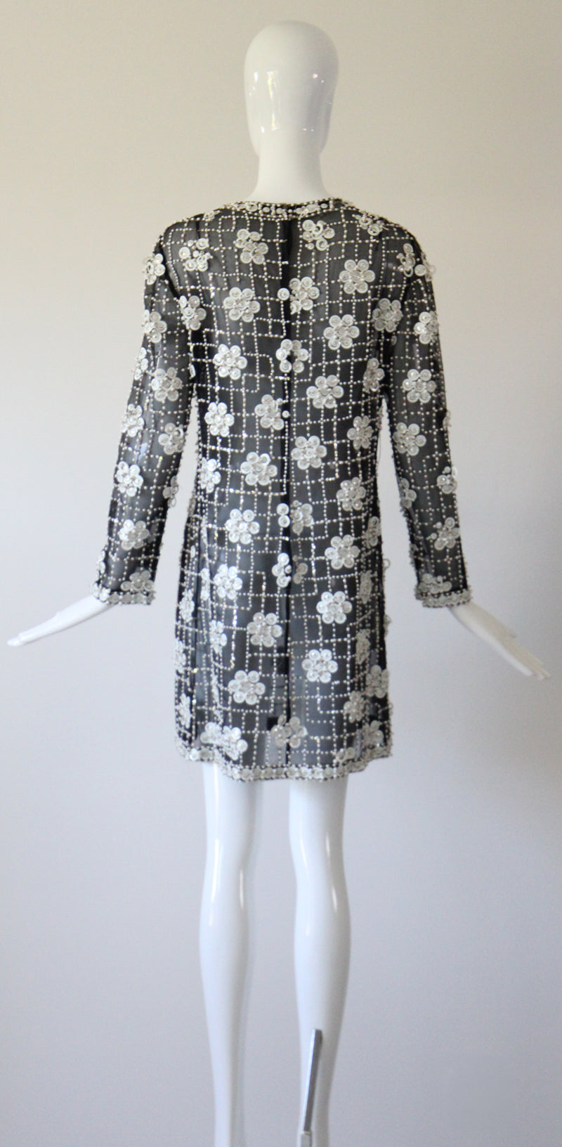 "Monochrome Sequin Daisies" Vintage 1960's Black Silk Organza Beaded Dress UK 8 US 4