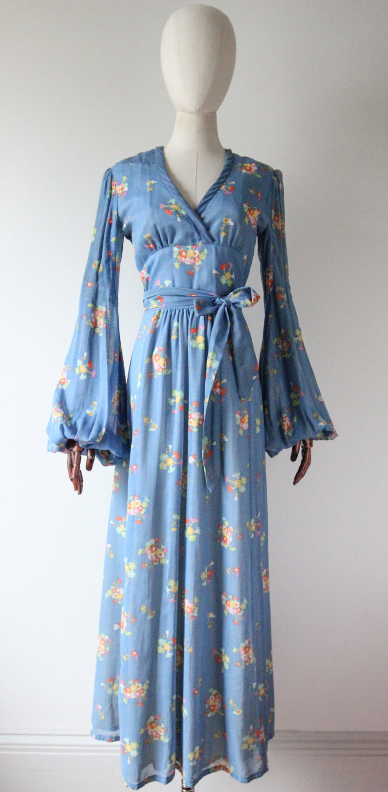 "Sky Blue Florals" Vintage 1970's Sky Blue Floral Print Dress UK 8 US 4