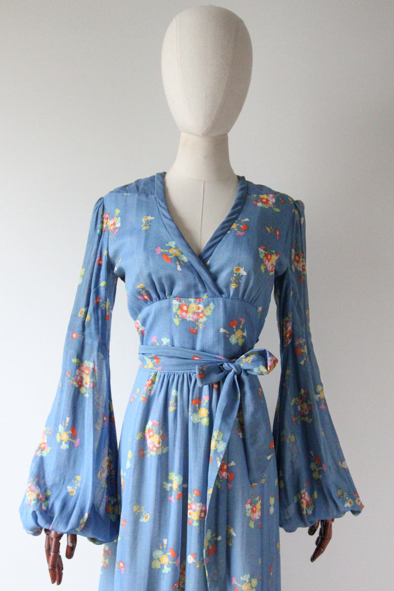 "Sky Blue Florals" Vintage 1970's Sky Blue Floral Print Dress UK 8 US 4