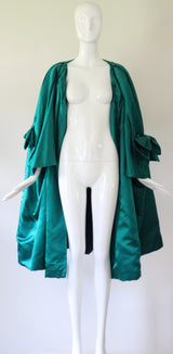 "Peacock Green Satin" Vintage 1950's Peacock Green Duchess Satin Pleated Swing Coat UK 8-14 US 4-10