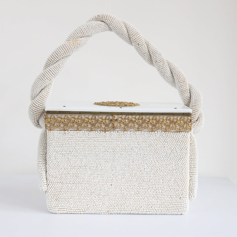 "White Rocaille & Filigrée" Vintage 1950's White Bead & Lucite Box Bag