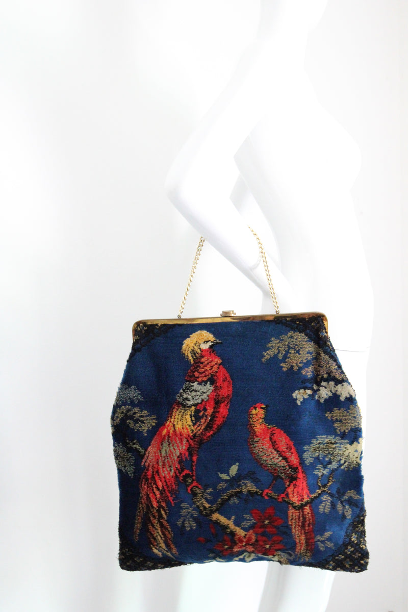 "Velvet Birds" Vintage 1960's Large Velvet Bird Handbag