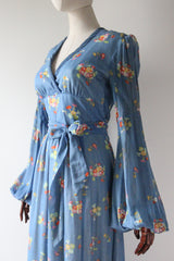 "Sky Blue Florals" Vintage 1970's Sky Blue Floral Print Dress UK 8 US 4