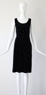 "Velvet & Rhinestones" Vintage 1950's Black Velvet & Rhinestone Embellished Cocktail Dress UK 8 US 4