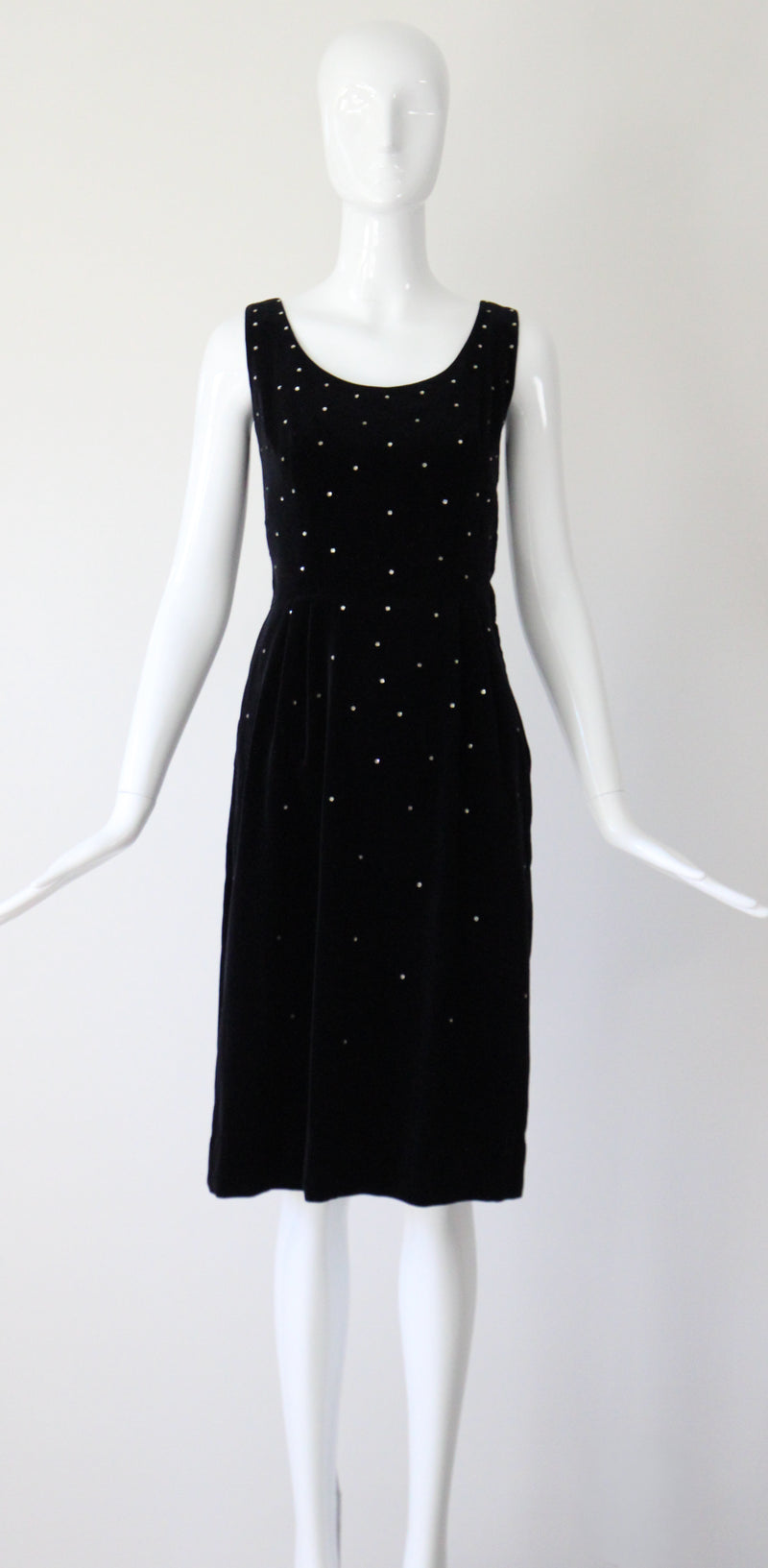 "Velvet & Rhinestones" Vintage 1950's Black Velvet & Rhinestone Embellished Cocktail Dress UK 8 US 4