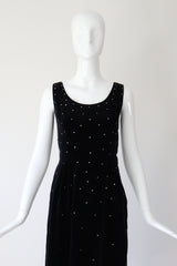 "Velvet & Rhinestones" Vintage 1950's Black Velvet & Rhinestone Embellished Cocktail Dress UK 8 US 4