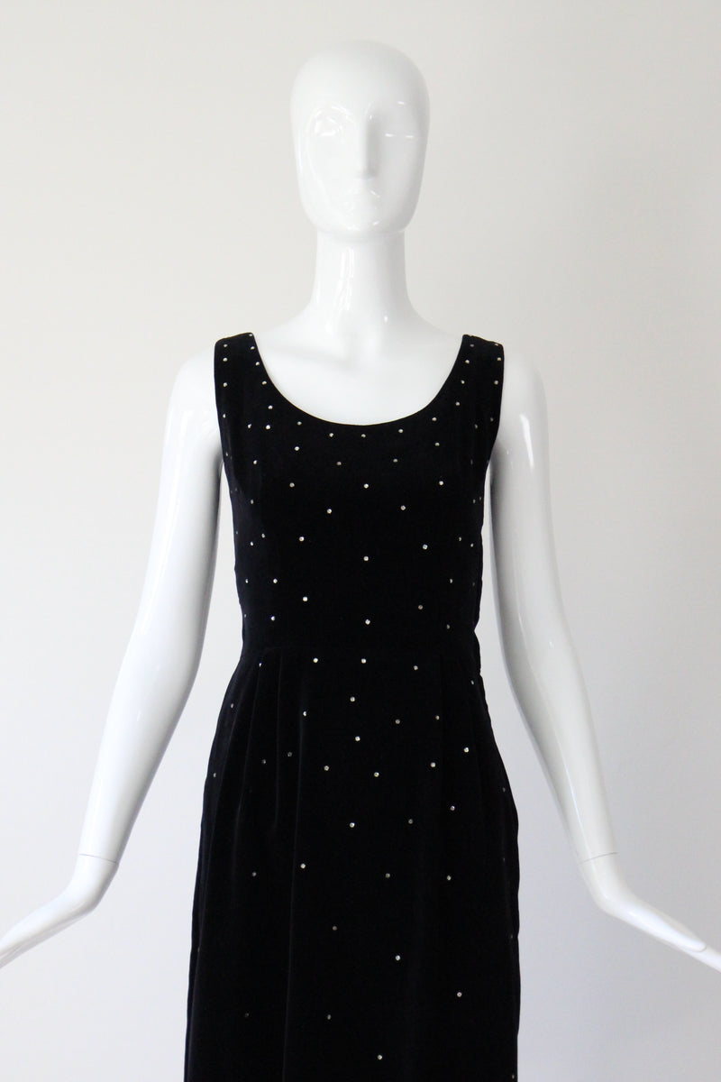 "Velvet & Rhinestones" Vintage 1950's Black Velvet & Rhinestone Embellished Cocktail Dress UK 8 US 4