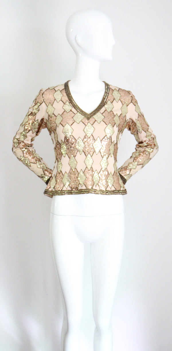 "Trio of Gold" Vintage 1960's Gold Sequin & Bead Blouse UK 8 US 4