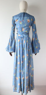 "Sky Blue Florals" Vintage 1970's Sky Blue Floral Print Dress UK 8 US 4