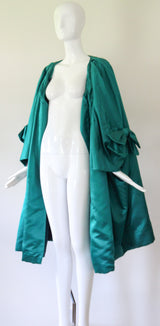 "Peacock Green Satin" Vintage 1950's Peacock Green Duchess Satin Pleated Swing Coat UK 8-14 US 4-10