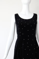 "Velvet & Rhinestones" Vintage 1950's Black Velvet & Rhinestone Embellished Cocktail Dress UK 8 US 4
