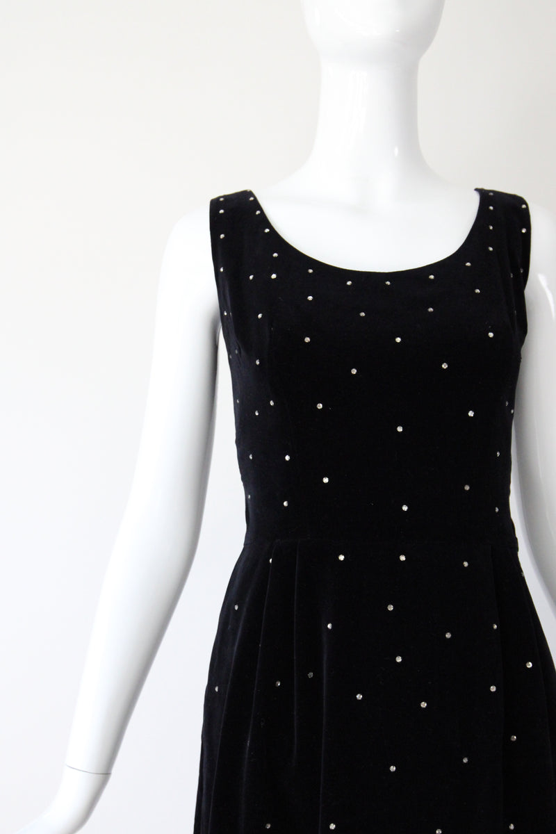 "Velvet & Rhinestones" Vintage 1950's Black Velvet & Rhinestone Embellished Cocktail Dress UK 8 US 4