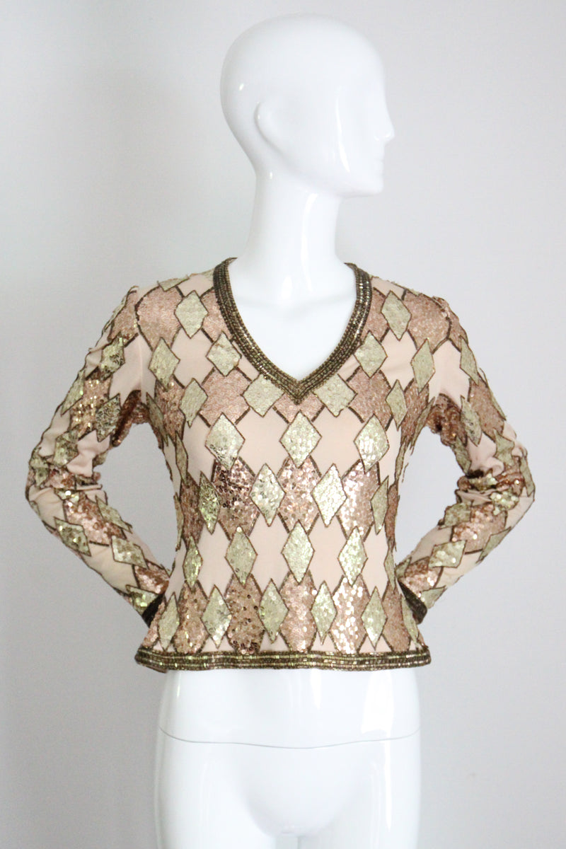 "Trio of Gold" Vintage 1960's Gold Sequin & Bead Blouse UK 8 US 4