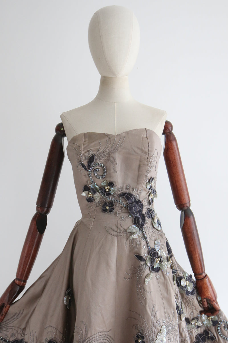 “Satin Stone Trailing Florals" Vintage 1950's Couture Satin Beaded Cocktail Dress UK 8 US 4