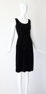 "Velvet & Rhinestones" Vintage 1950's Black Velvet & Rhinestone Embellished Cocktail Dress UK 8 US 4
