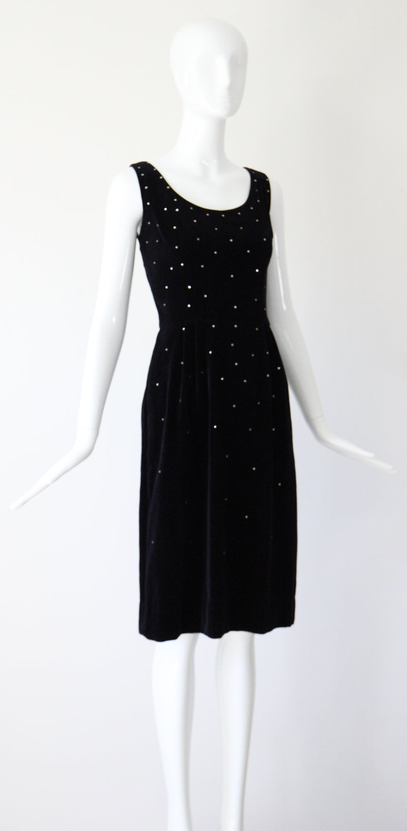 "Velvet & Rhinestones" Vintage 1950's Black Velvet & Rhinestone Embellished Cocktail Dress UK 8 US 4