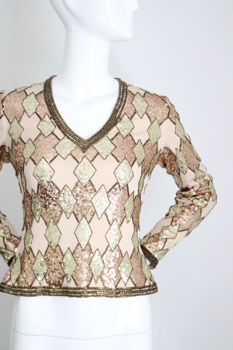 "Trio of Gold" Vintage 1960's Gold Sequin & Bead Blouse UK 8 US 4