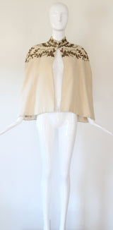 "Cream Wool & Gold Embroidery" Vintage 1940's Cream Wool Beaded & Embroidered Cape UK 8-12 US 4-8