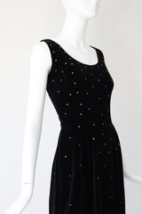"Velvet & Rhinestones" Vintage 1950's Black Velvet & Rhinestone Embellished Cocktail Dress UK 8 US 4